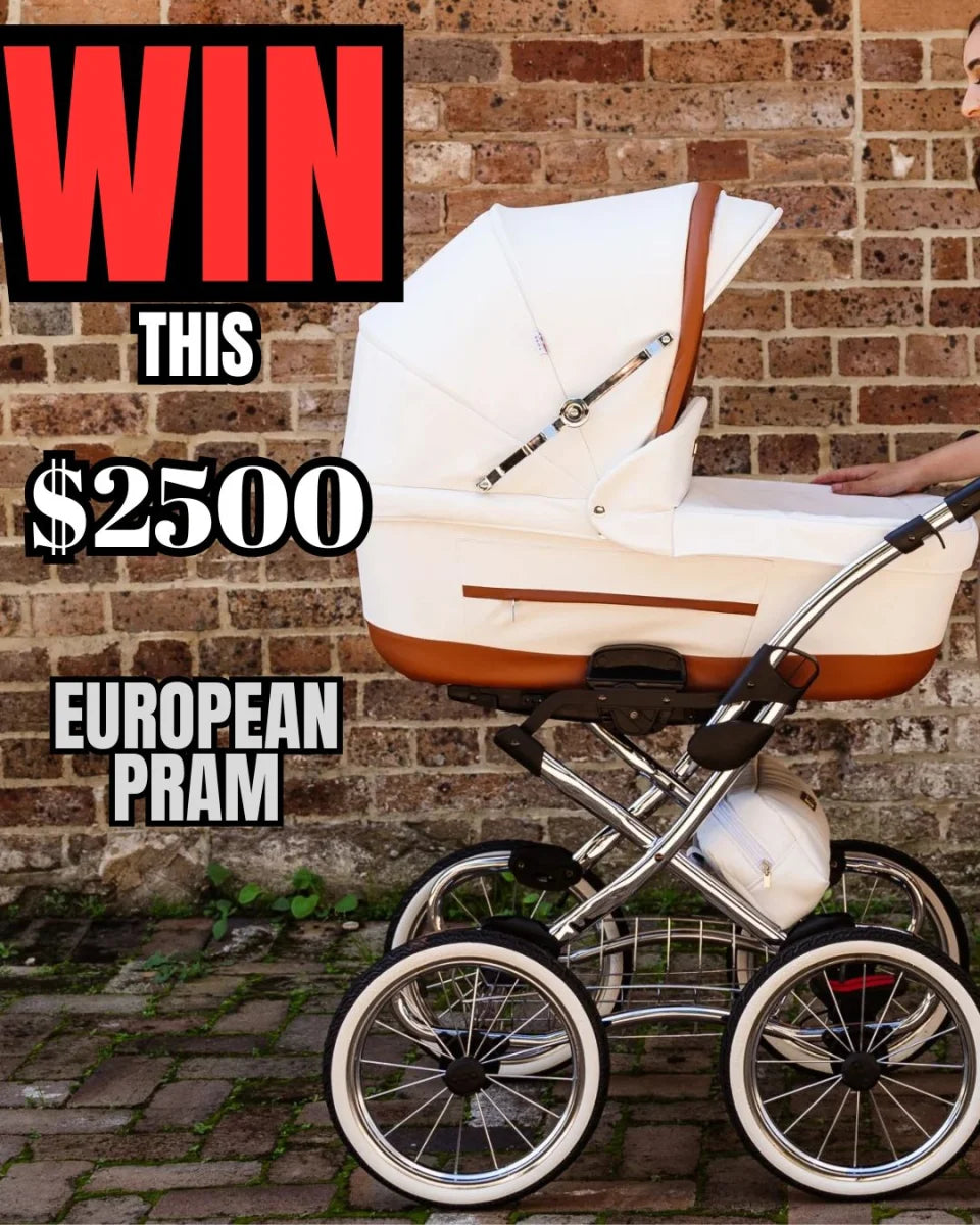 Elegant white and tan European baby pram with chrome chassis and spoked wheels