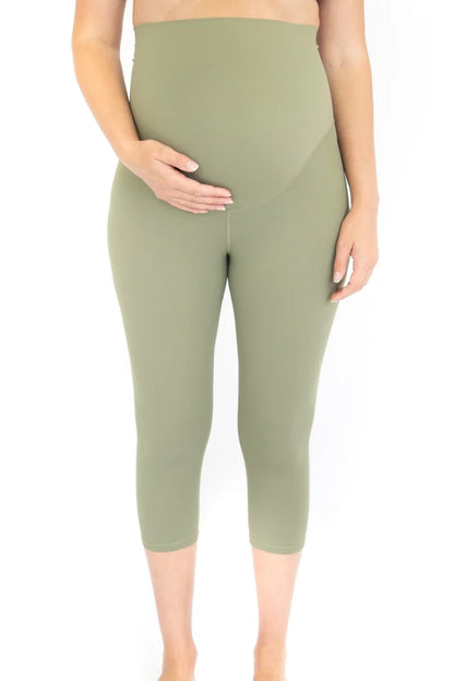 Sage green maternity leggings with high waistband for comfort during pregnancy