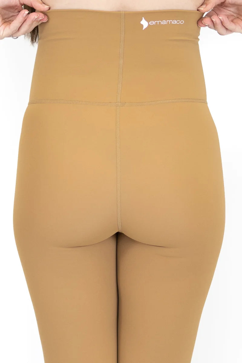 Beige high-waisted maternity leggings in caramel on final sale with limited sizes remaining