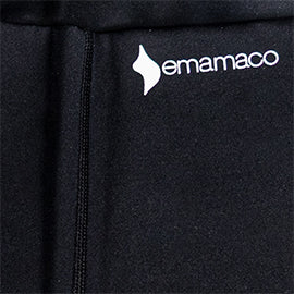 Black fabric material featuring a white Emamaco logo for maternity leggings online.