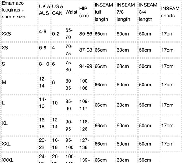 Size chart for Emamaco leggings and shorts with hip measurement details for pregnancy recovery.