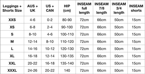 Size chart for high-quality maternity tights across international sizing systems.