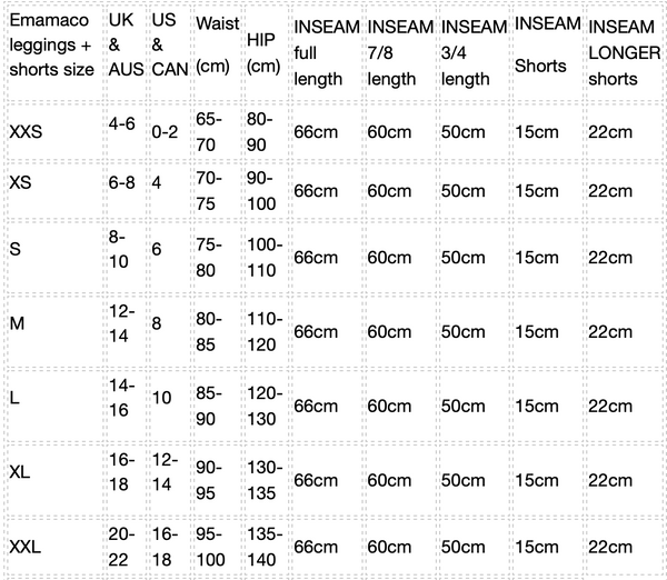 Size chart for women’s fitness clothing displaying measurements for leggings and shorts