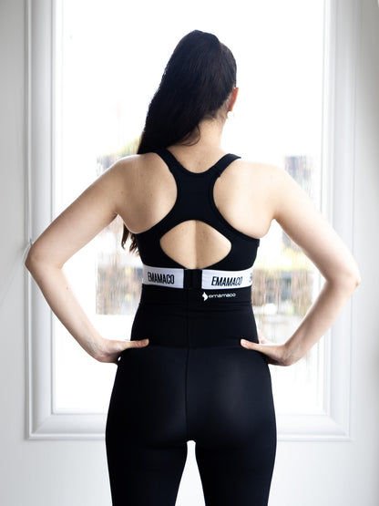 Black Aware Nursing Sports Bra with racerback top and leggings featuring a white text band