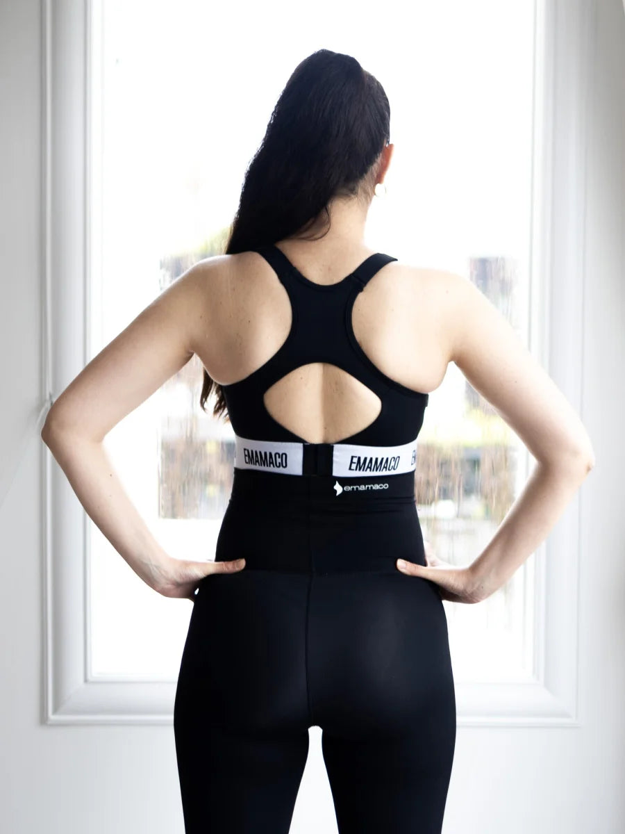 Black Aware Nursing Sports Bra with racerback top and leggings featuring a white text band