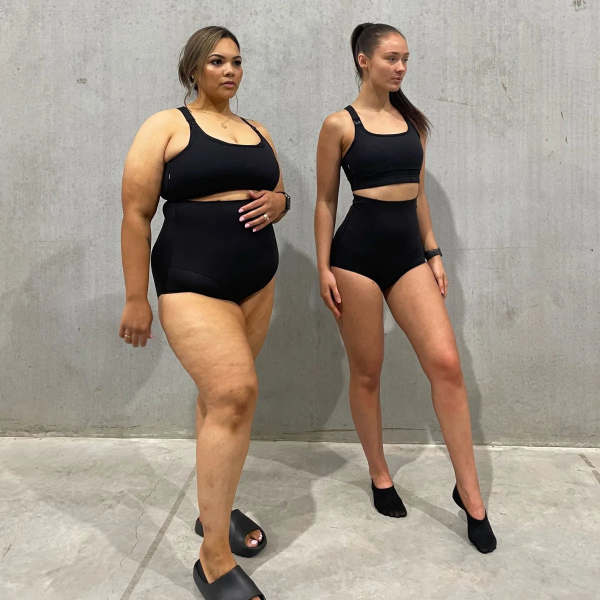 Two women in black athletic wear showcasing Body Shapewear Brief at 3rd half price