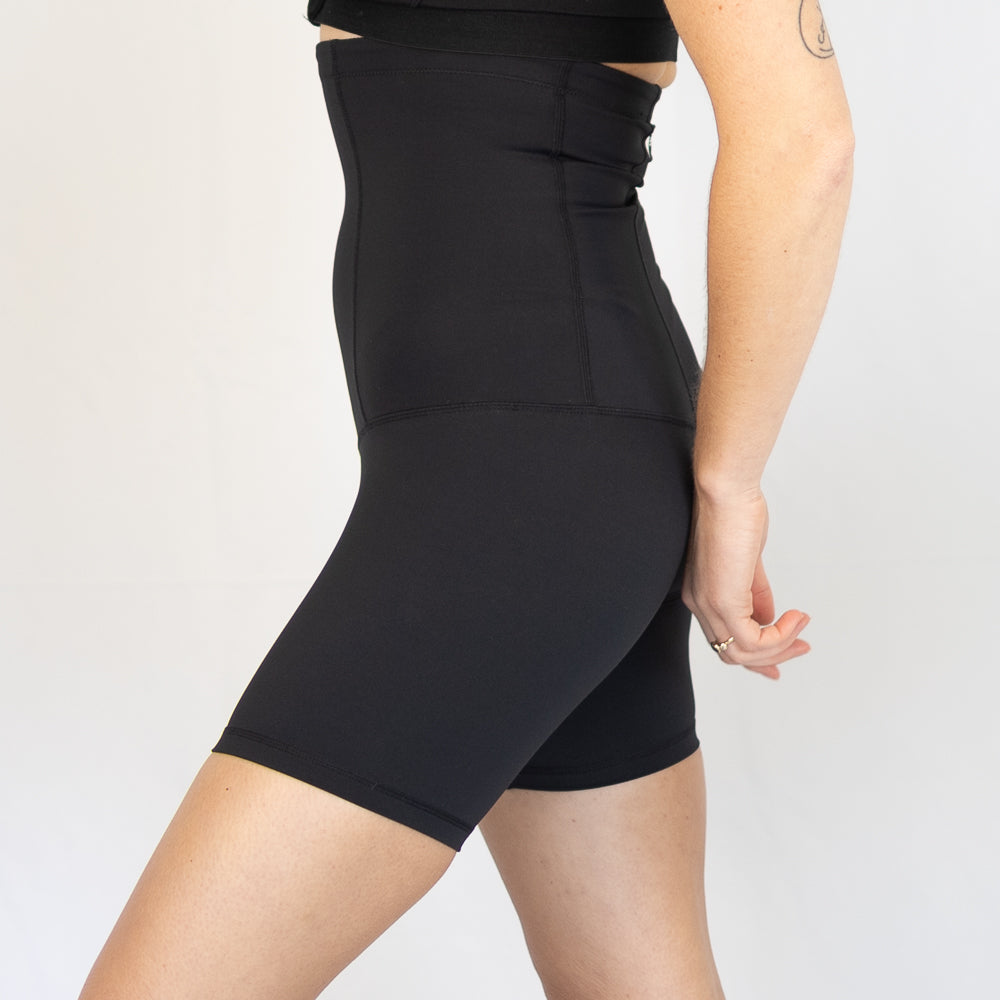 Black high-waisted shapewear shorts from Introducing Emamaco with convenient pockets