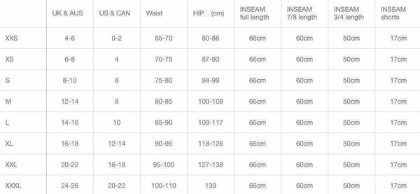 Size chart detailing measurements for body shapewear from XXS to XXXL.