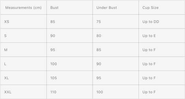 Size chart for bust measurements and cup sizes in the Crop Tops and Sports Bra Size Guide.