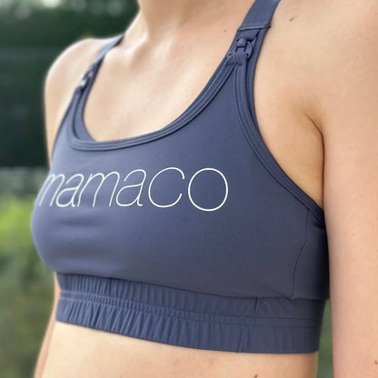 Navy blue Elevate Nursing Sports Bra featuring mamaco in white text on front