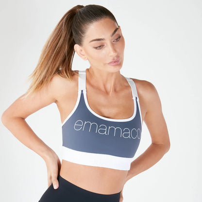 Deep Blue Elevate Sports Bra featuring Emamaco text for activewear enthusiasts