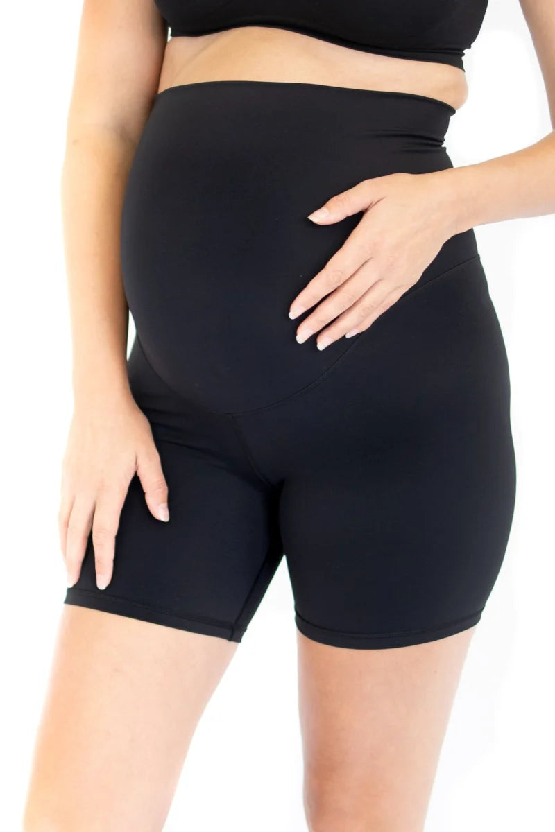 Black high-waisted emama Maternity Bike Shorts for comfortable pregnant life support