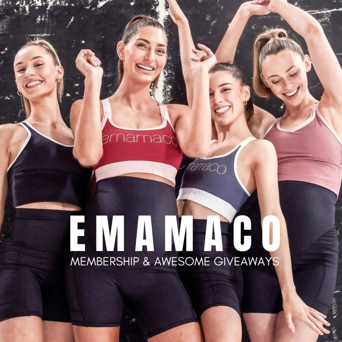 Athletic wear advertisement featuring Emamaco brand workout clothing and membership benefits