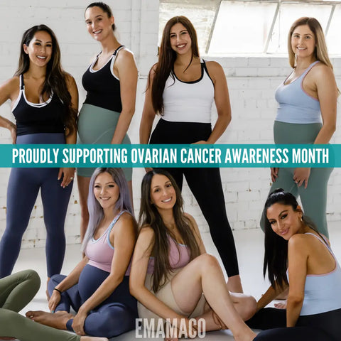 Group of women in athletic wear promoting Ovarian Cancer Awareness Month together.