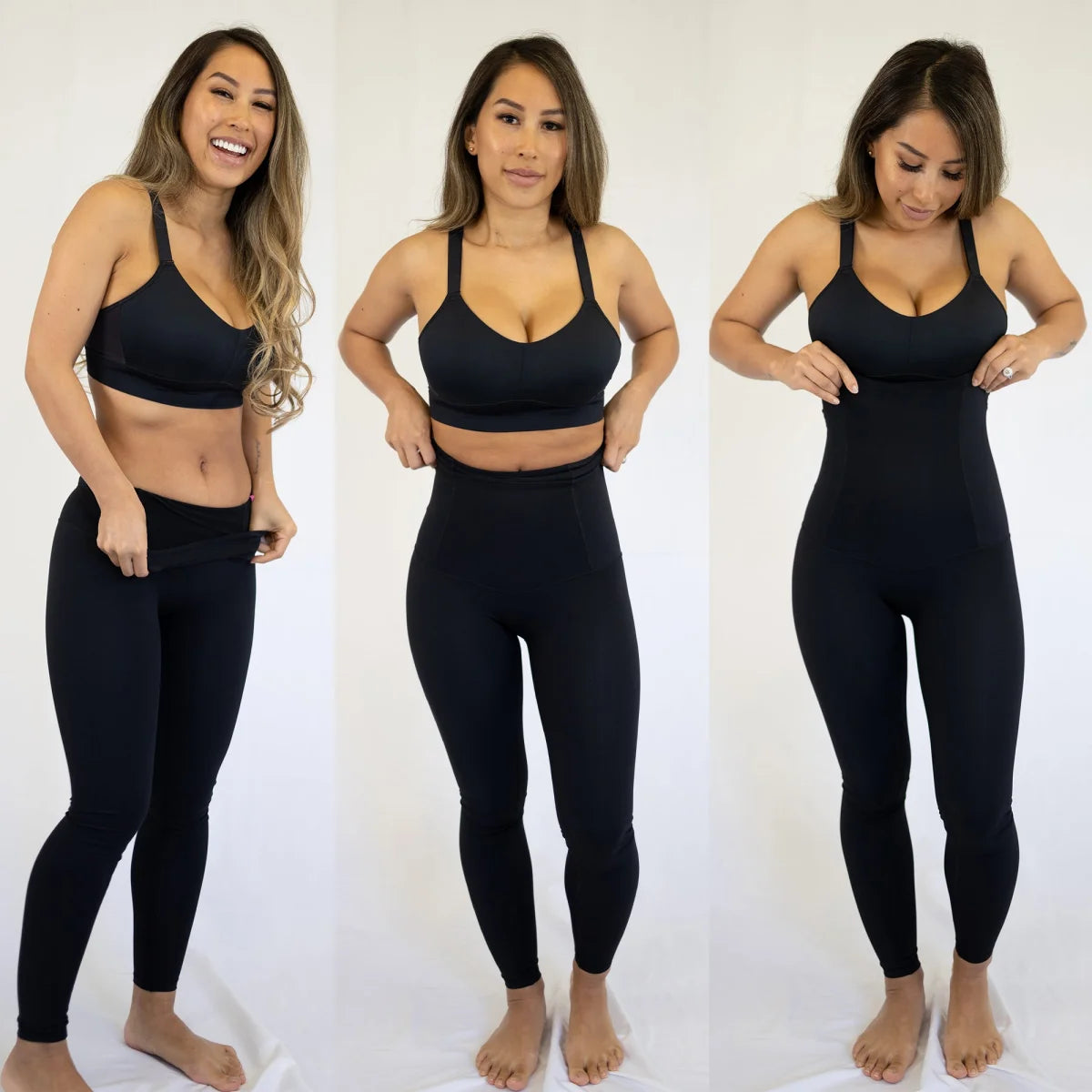 Three-panel comparison of Pregnancy Recovery Emama 7/8 Leggings on women’s body