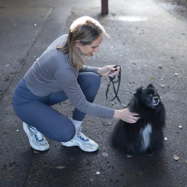 Black Pomeranian dog with fluffy fur being petted in pet hair repellant leggings.