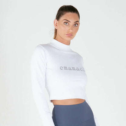 White cropped sweatshirt with delicately stitched emamaco logo, Snow High Neck Jumper