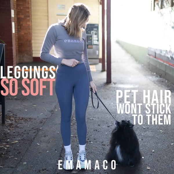 Navy blue athletic leggings with pet hair repellant fabric for women’s health Australia